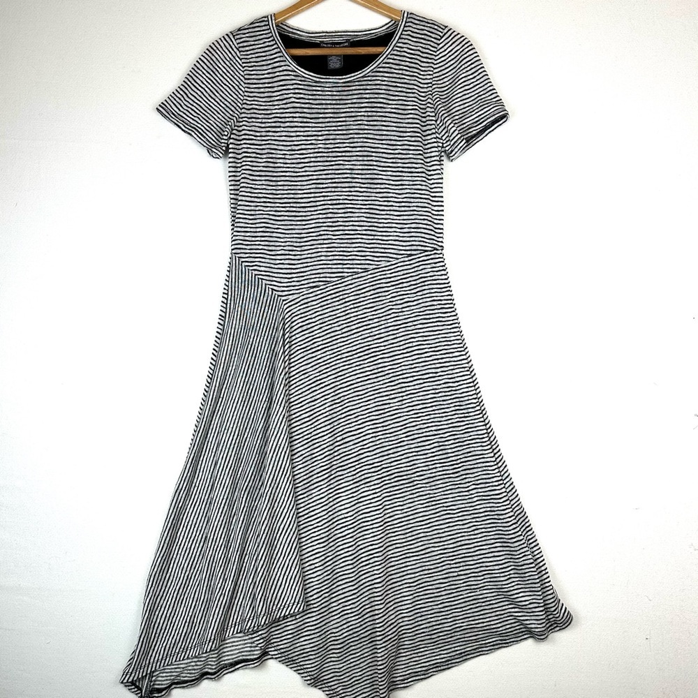 Chelsea & Theodore Stripe Short Sleeve Asymmetrical Hem Midi Dress Summer